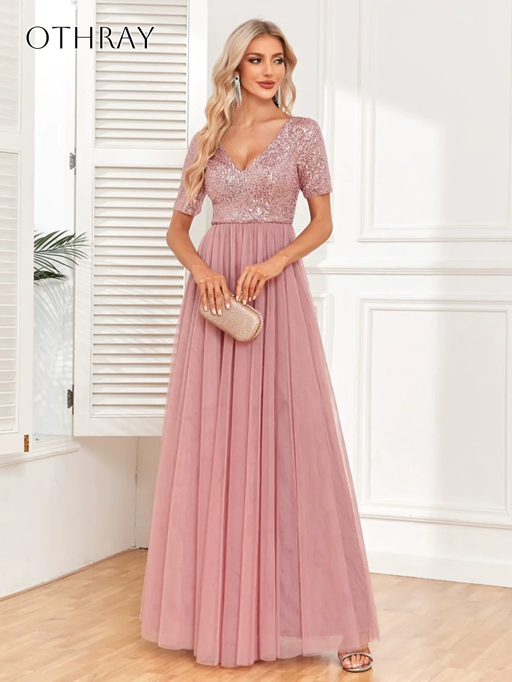 Robes de bal à paillettes et col en V, manches courtes, en Tulle, longueur au sol, personnalisées