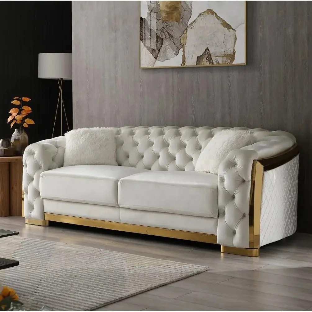 

Nova light luxury living room tufted sofa set furniture velvet double milky white 2-seat 3-seat sofa gold frame sofa