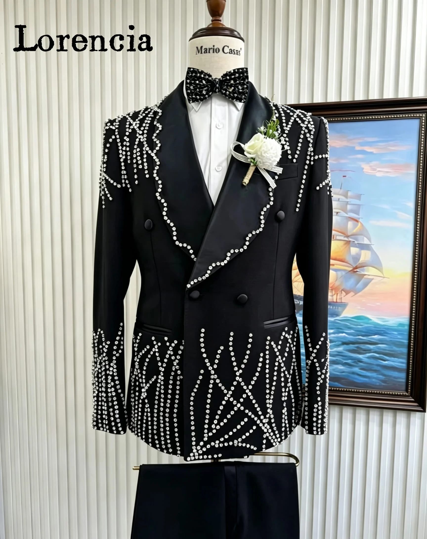 Elegant Beaded Men Suits 2 Pieces Sets Male Party Blazers Premium Double Breasted Groom Wedding Tuxedos Customized ropa hombre