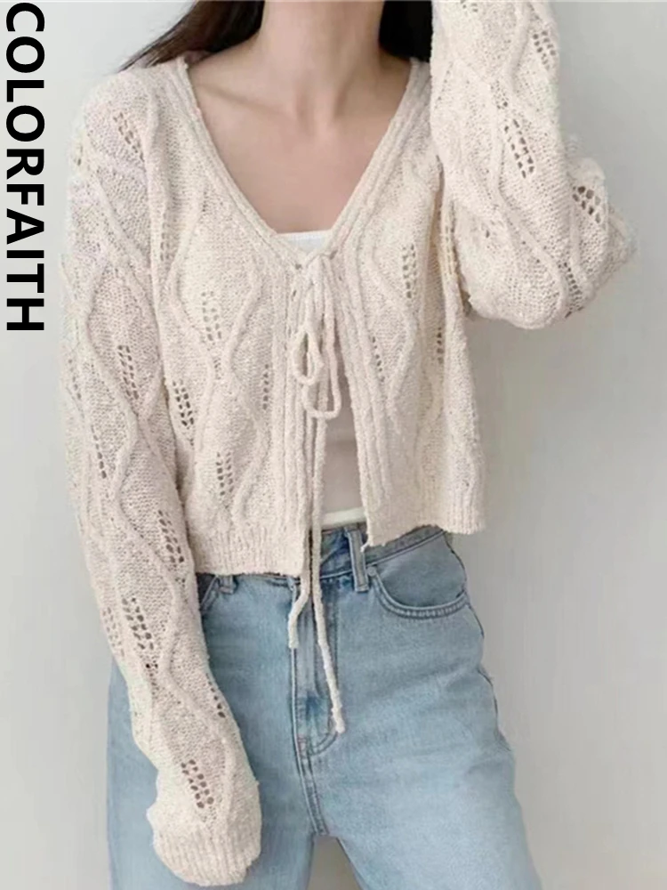 Colorfaith SWC6785JX New 2024 Chic Vintage Elegant Korean Fashion Knitting Cardigans Women Autumn Winter Sweaters Short Tops