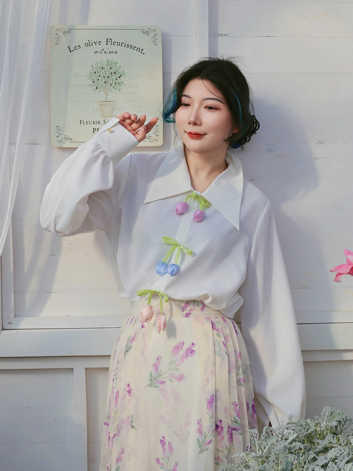 

Original Large Size Women's Long Sleeve Tulip Design Chiffon Shirt Spring Season Light National Style Three Dimensional Tulip