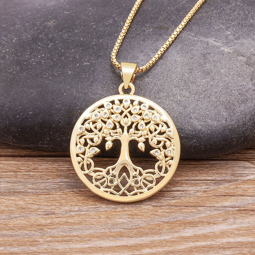 Nidin Trendy Custom Tree of Life Necklace for Women Gold Plated Round Pendant Zircon Jewelry Parents Christmas Gifts Wholesale