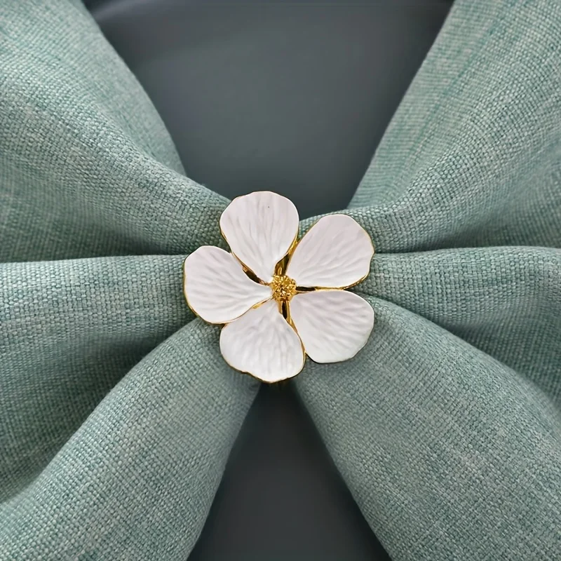 4pcs Elegant White Floral Metal Napkin Rings with Golden Accents for Weddings, Easter, and Formal Dining – Brushed Finish