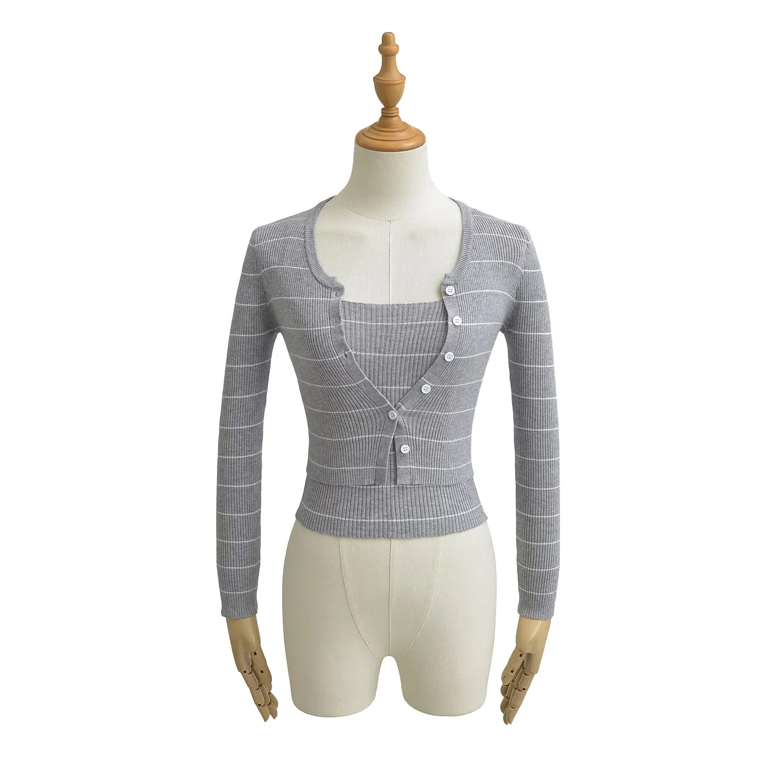 Striped Long Sleeve Open Cardigan Jacket with Strap Vest Two Piece Set Sweet Spicy Slimming Effect Fashionable Women's Ensemble