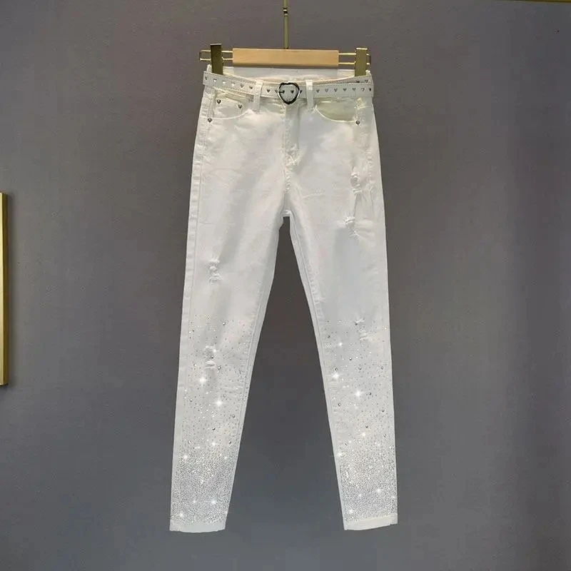 2023 Spring Summer White Jeans for Women New European Elastic Tight Fitting Denim Jeans Hot Rhinestone High Waist Pencil Pants