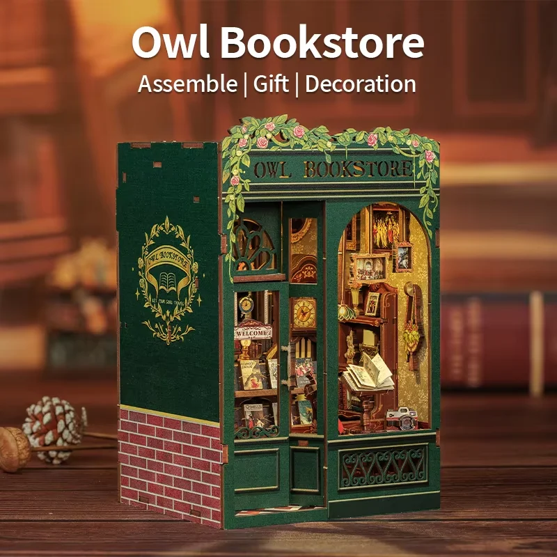 CUTEBEE DIY Book Nook Kit Miniature Dollhouse with Light Wooden Bookshelf Insert Retro Booknook Decor for Owl Bookstore