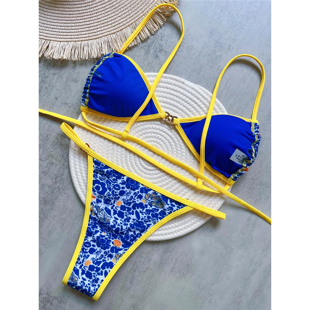 Bedruckter, mit Strasssteinen besetzter, hoch geschnittener Bikini, Damen-Badebekleidung, zweiteiliger Bikini, Badeanzug, Badebekleidung, Modell V6153. – Detail 7