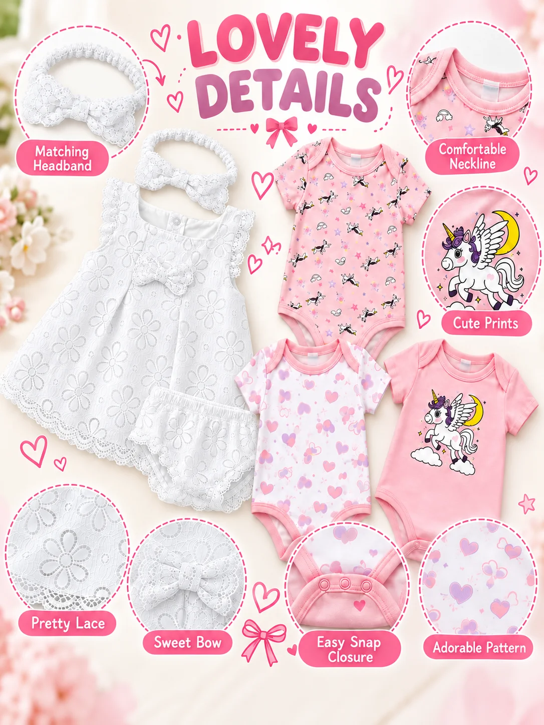 8Pcs Baby Girl Clothes Set Short Sleeve Bodysuits ＆ White Floral Lace Dress Set with Bloomers and Bow Headband 6-12M