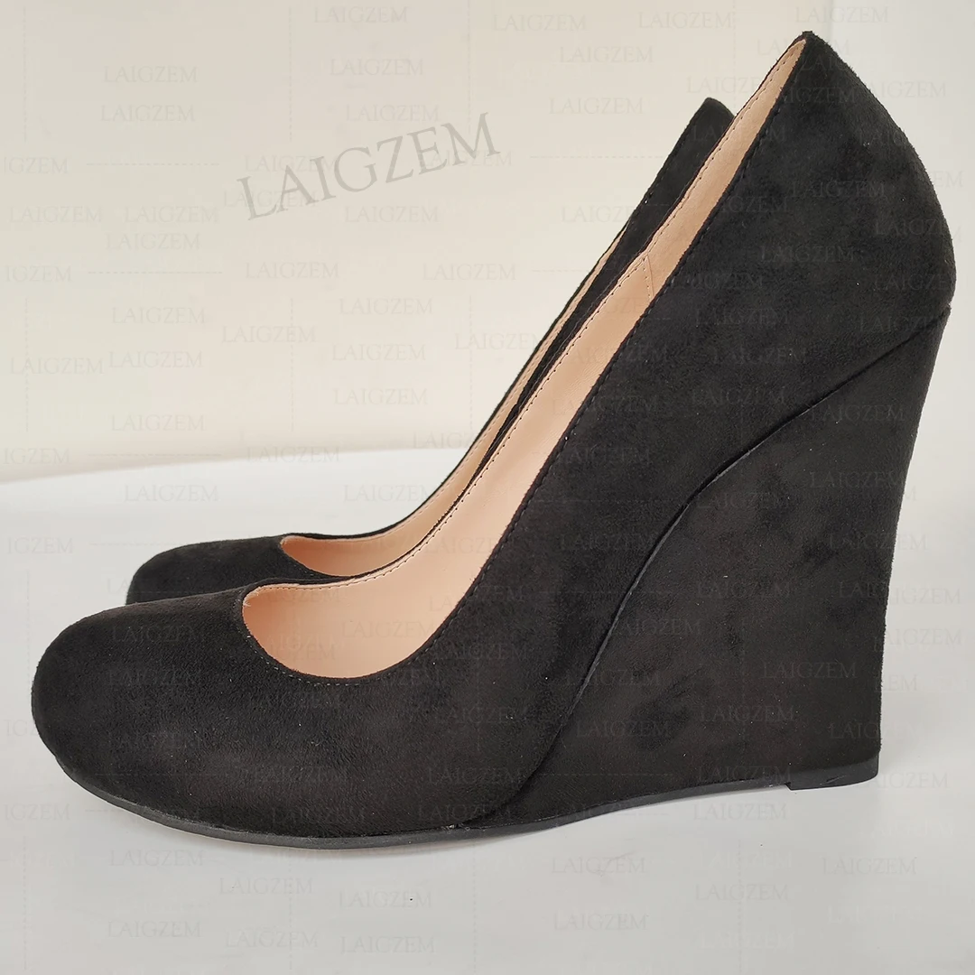 LAIGZEM Women Wedges Pumps Faux Suede Round Toe Slip On High Heels Ladies Sandals Shoes Woman Large Size 41 43 45 48