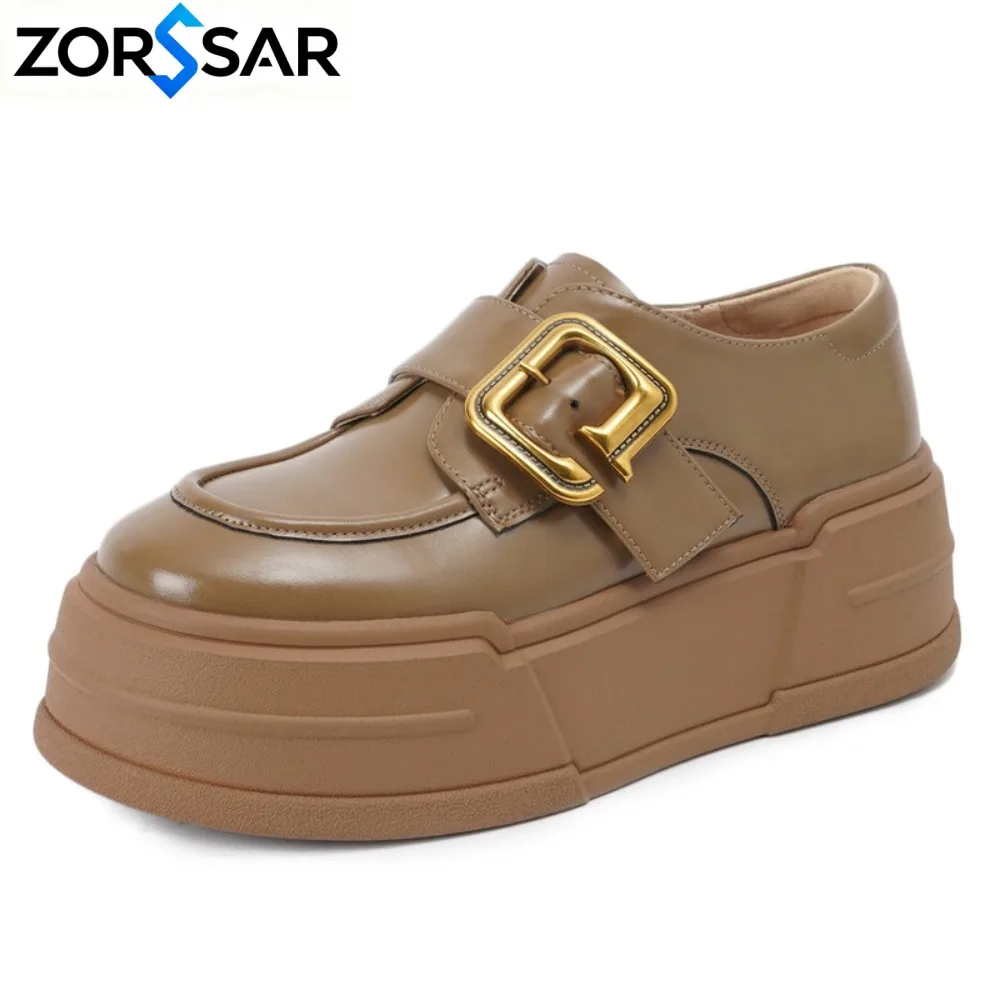 New 2027 Spring Women Leather Chunky Sneakers Loafers Nop-slip 6CM High Heels Platform Autumn Casual Walking Shoes Flats Woman