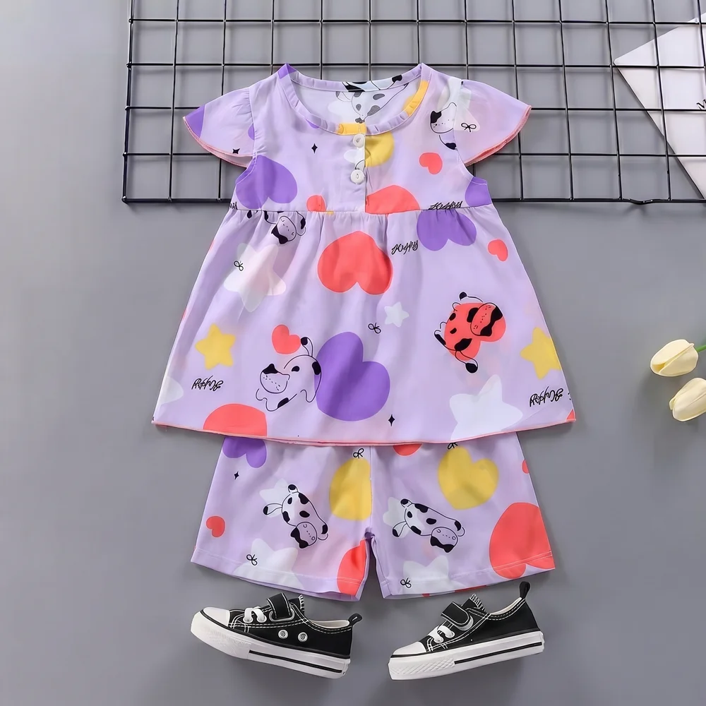 (1-12Years Old）New Summer Girls Princess Vest Sets with Floral Printed Child Fly Sleeve Top Shorts 2Pcs/Sets Kids Thin Outfits