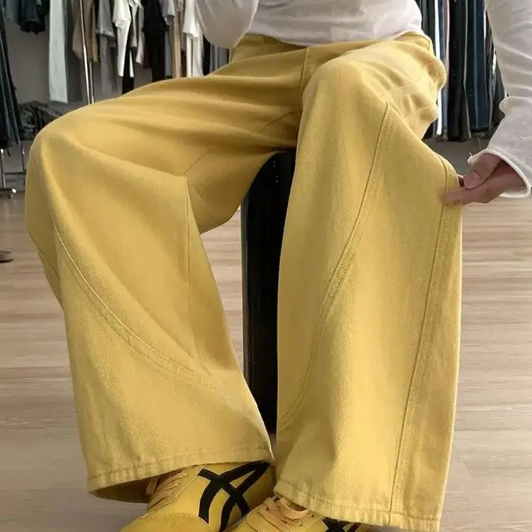 Wide-Leg Jeans, Retro High Street Yellow Women\'S Autumn New High-Waist Style Slim Straight-Leg Floor-Length Jeans