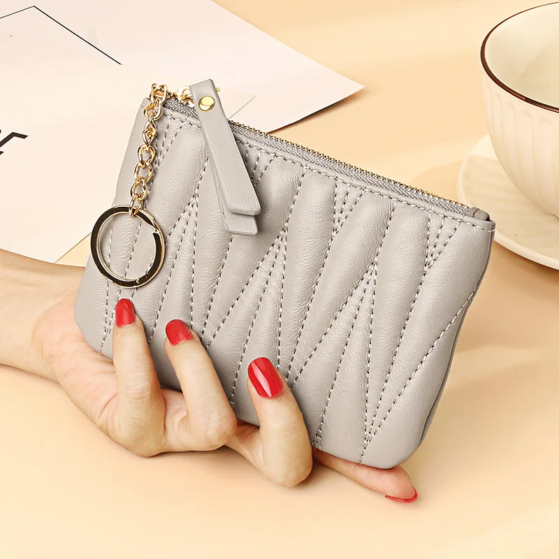 

2023 Women's Leather Fashion Sheepskin Short Small Wallet Ultra Thin Checkered Coin Key Storage Change Bag Zipper Change Wallet