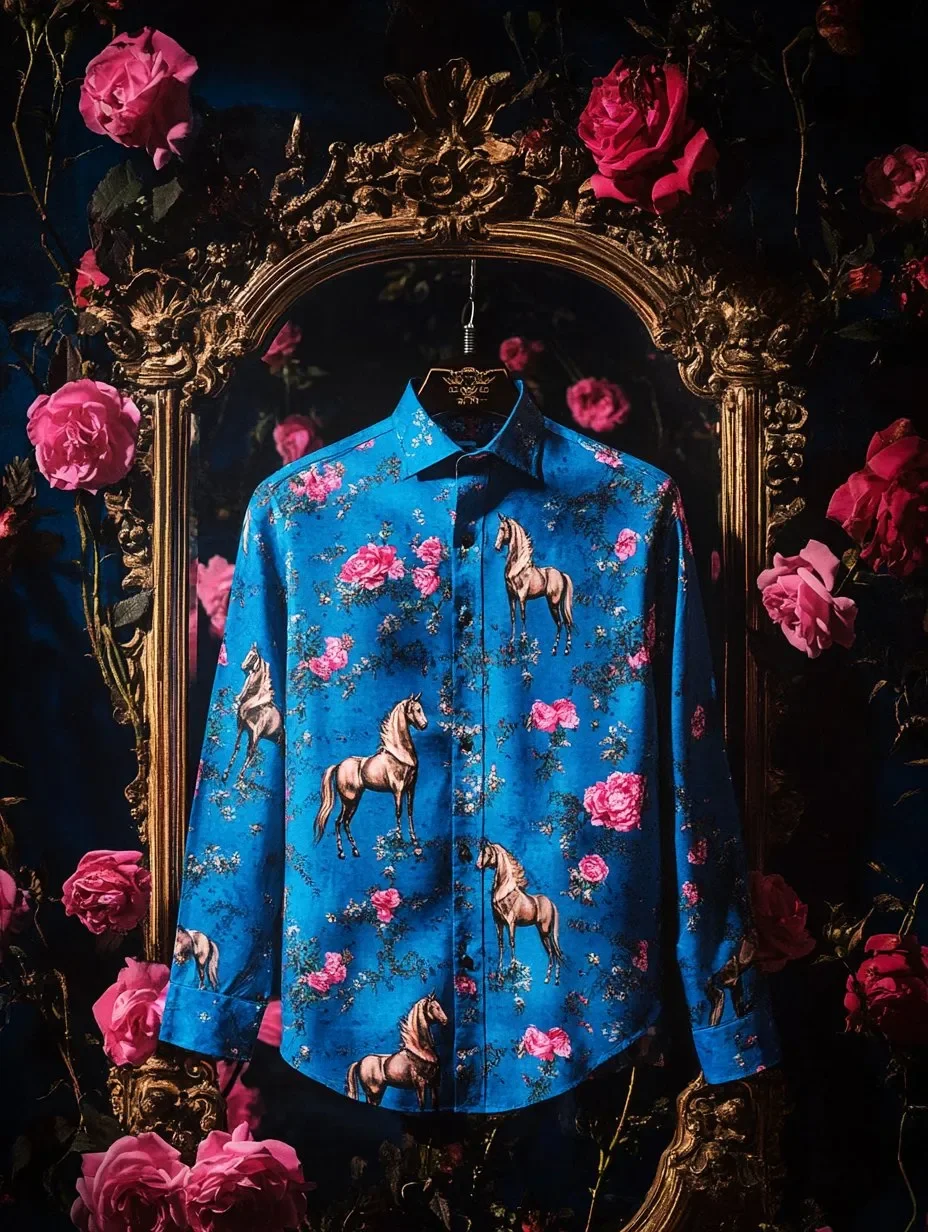 

New navy blue base pink rose steed full print men's long sleeved shirt retro style business casual flower shirt