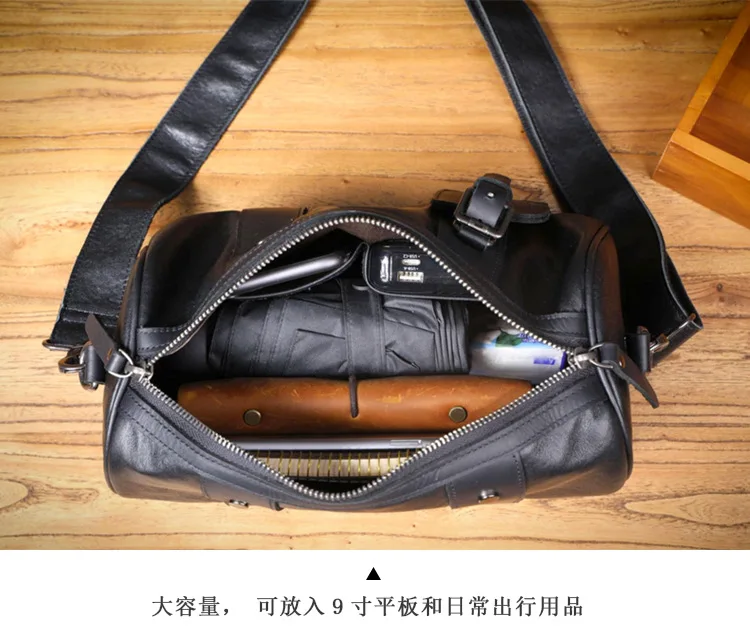 Outdoor-Reisen hochwertige echtes Leder Herren schwarze Zylinder Umhängetasche lässig Designer handgefertigte Rindsleder Umhängetasche – Detail 16