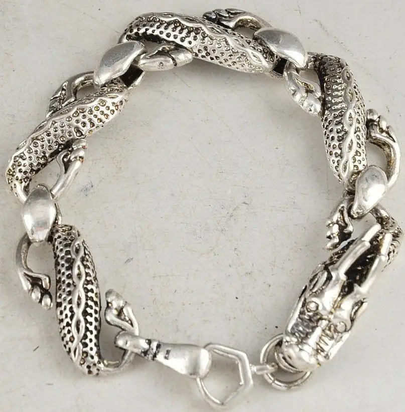 

China Tibet Silver Dragon Head Sculpture Chinese Old Handwork Bracelet