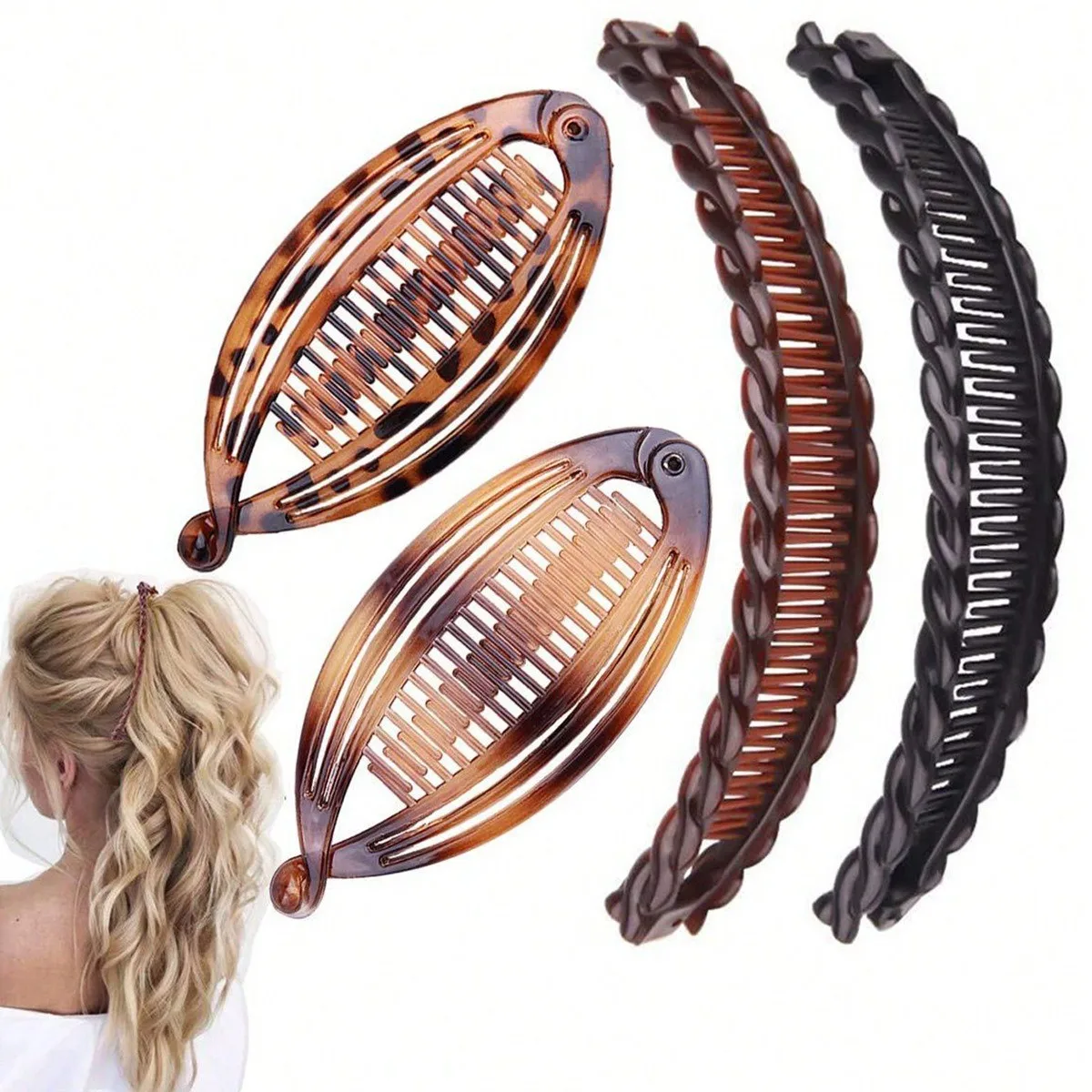 

Multiple Banana Hair Clips, Spiral Combs, Fish-Shaped Hair Clips, Ponytail Holders for Girls, Durian Clips, Lobster Clips, Black Hair Accessories