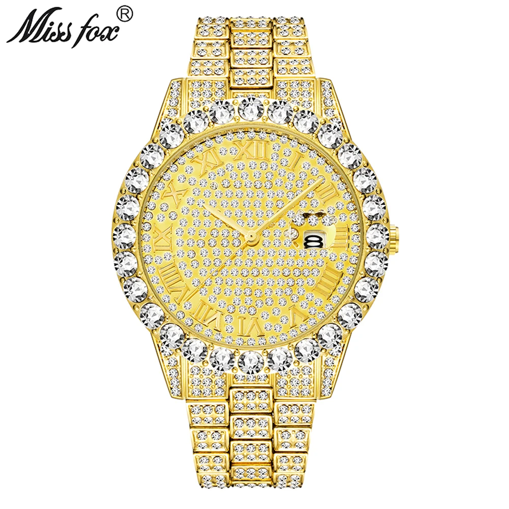Luxury Men Watch Fashion Roman Numerals Full Diamond Quartz Wristwatch Hip Hop Bling Bling Iced Out Waterproof Clock Gift 2022