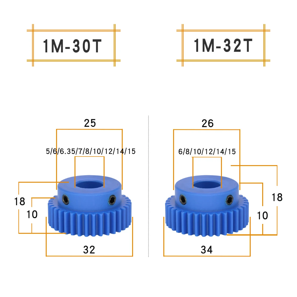 Nylon Gear 1M-30T/32T Inner Bore 5/6/6.35/7/8/10/12 mm gear plastic Teeth Height 10 mm Teeth Pitch 3.14 mm Transmission Parts