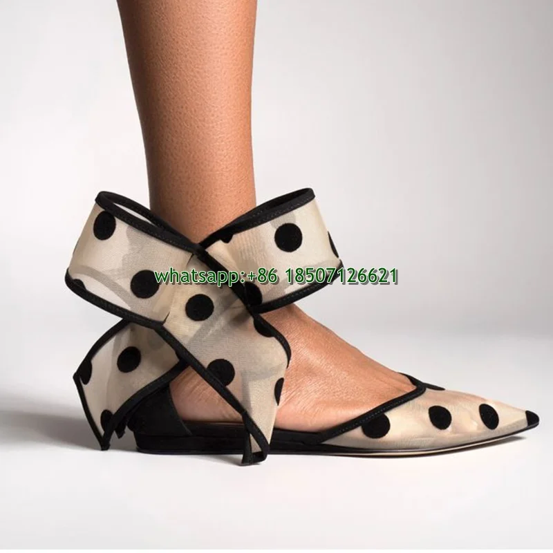 Bow Decorated Pointed Toe Mesh High Heels Polka Dot Plus Size Women\'s Slingback Pumps