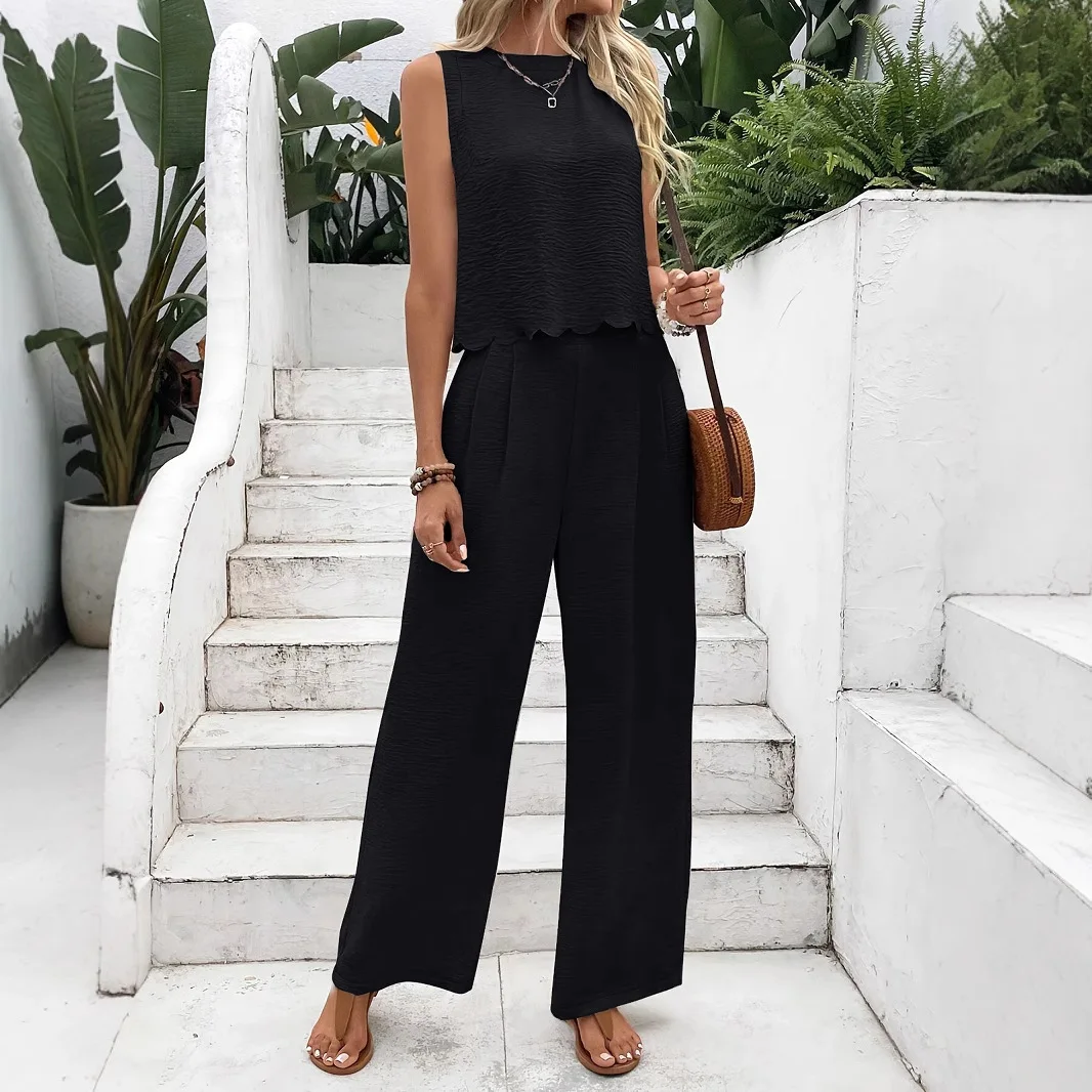 

Summer Casual Home 2 Piece Set For Women 2025 Fashion Solid Sleeveess Lace Up Top And Wide Leg Pants Two Piece Set Tracksuit