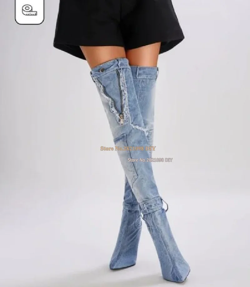 New Stiletto Denim Patchwork Over The Knee High Boots Women Jeans Thin Heels Zipper Thin High Heel Female Thigh High Boots