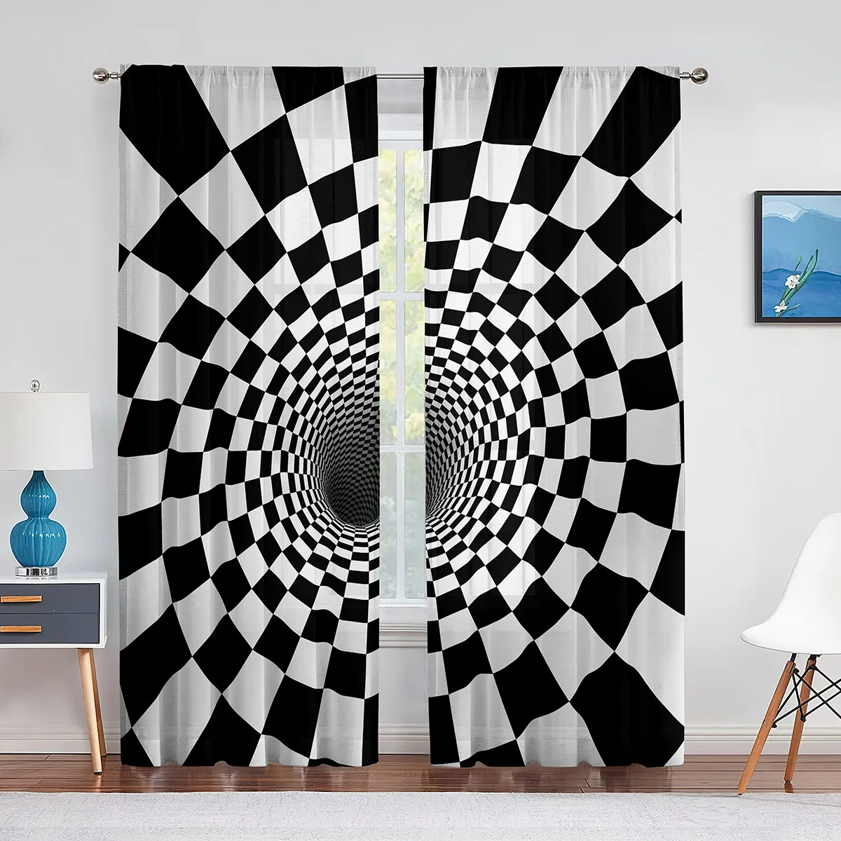 Black and White Checkered Sheer Voile Curtain for Living Room Bedroom Kitchen Decorations Race Car Flag Window Tulle Curtains