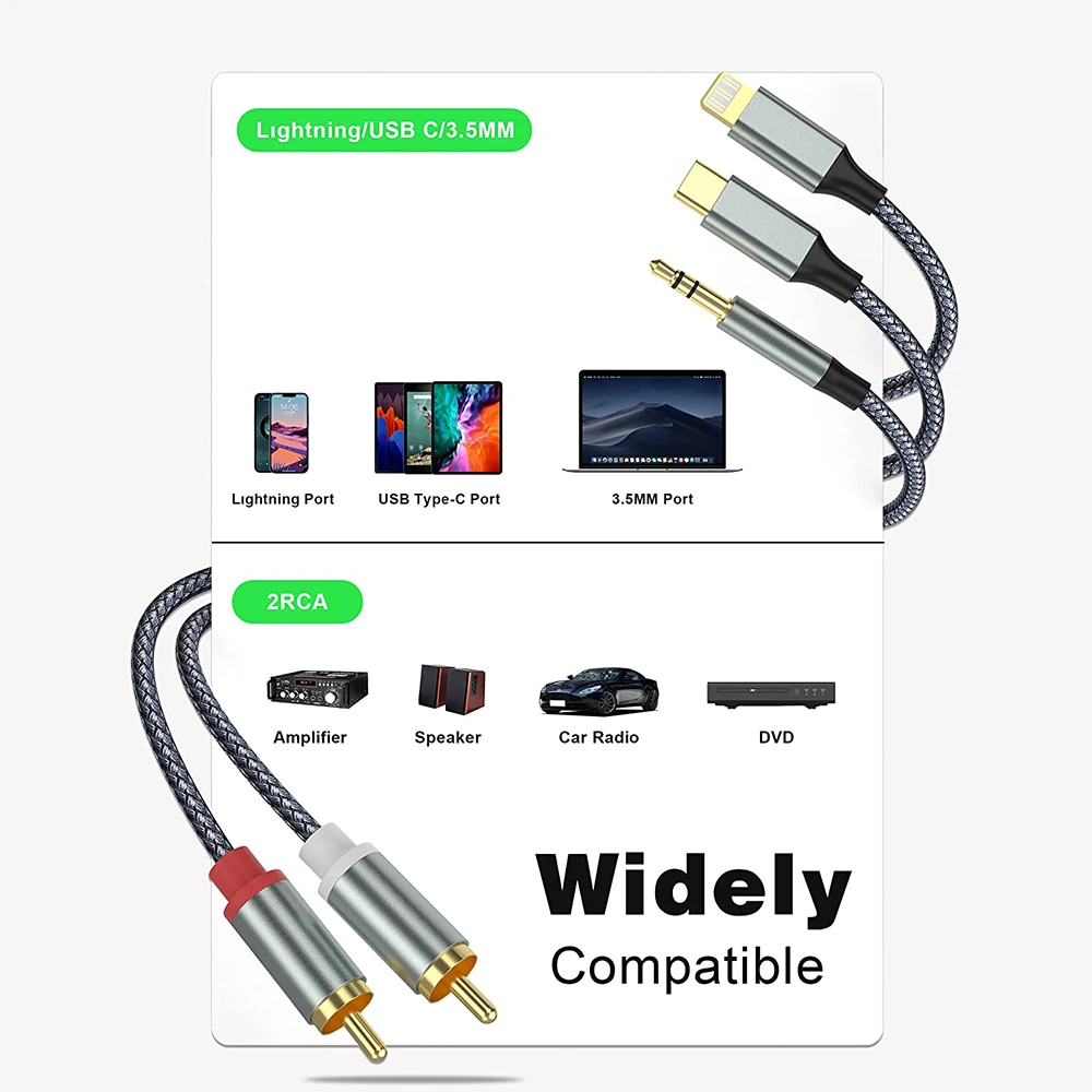 3in1 Audio Cable USB Type-C/3.5mm/for Ios 8Pin Male To 2 Dual RCA Y Splitter Audio Cable for PC Smartphone To Amplifier Speaker