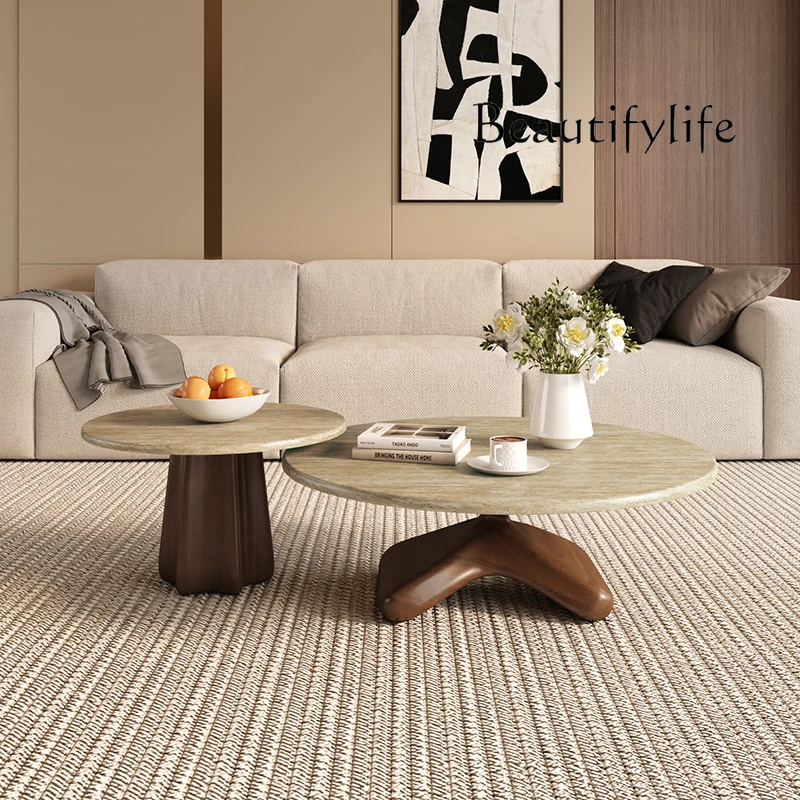 

Solid wood natural travertine coffee table round minimalist small tea table small apartment living room home retro fashion