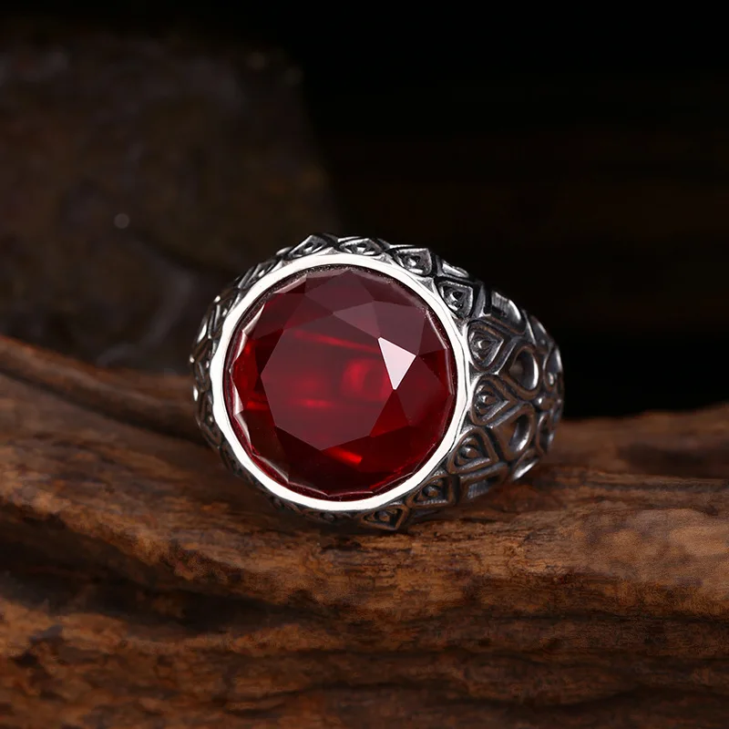 S925 Sterling Silver Red Zircon Adjustable Ring Punk Yoga Style Hip Hop Old Process Round Stone Free Size Fine Jewelry FYRNG090