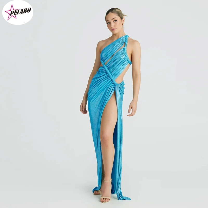 

PULABO Shiny Unique Ruched Maxi Dress Women Unique Sexy High Side Split Sexy Vestidos Solid Female Party Evening Elegant Bodycon