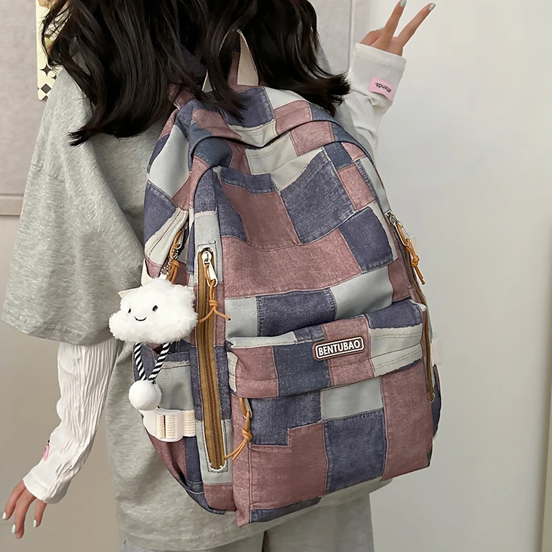 Denim Contrasting Color Students Backpacks Preppy Style College Schoolbags Large Capacity Patchwork School Bookbag Teen Rucksack