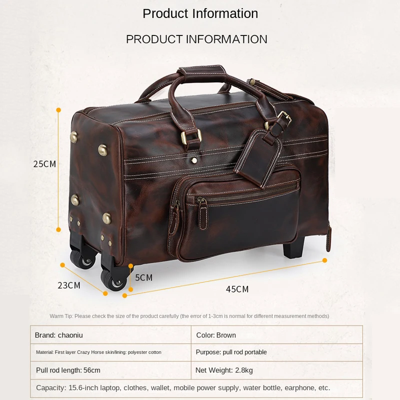 Men\'s Genuine Leather Trolley Bag with Wheels Retro Travel Suitcase Waterproof Large Capacity Rolling Luggage Business Handbag