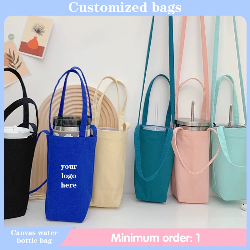 Customized Logo Canvas Handbag Foldable Reusable Shopping Commuting Coffee Water Cup Thermos Cup Protective Cover Crossbody Bag