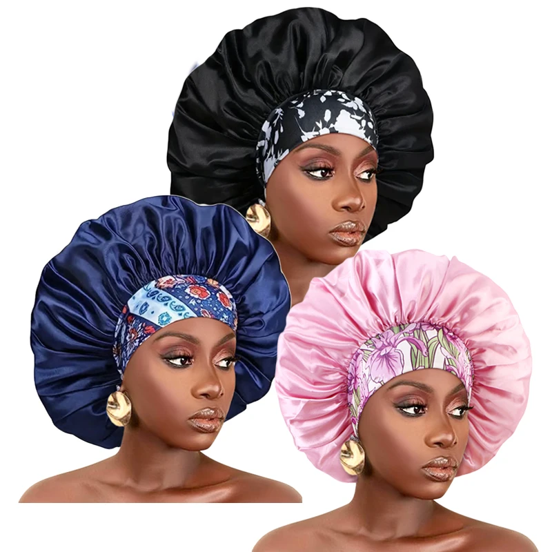Vrouwen Extra Grote Zijdeachtige Satijnen Haarmuts Dik Haar Slaapmuts Elastische Band Beanie Afrikaanse Headwrap Bloem Tulband Chemo Caps