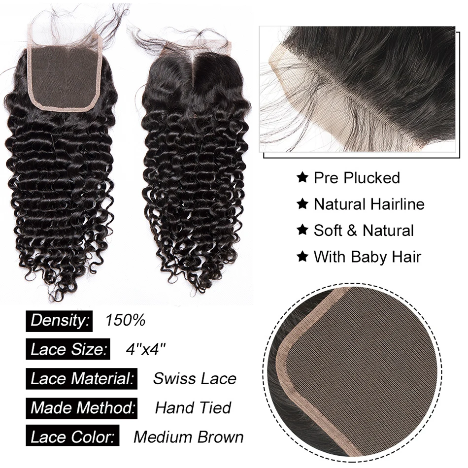 Long Deep Wave Hair 8A Grade Human Hair Bundles with Closure Peruvian Hair Bundles with Lace Frontals 13x4 Human Hair Extensions