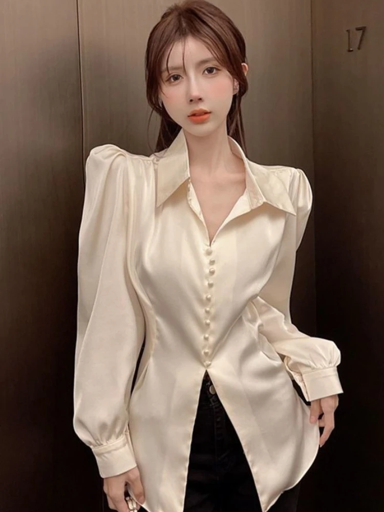 

With Bow Satin Female Tops Y2k Fashion Pretty Elegant Youth Youthful Modern Long Aesthetic Cute Silk Women's Shirt and Blouse