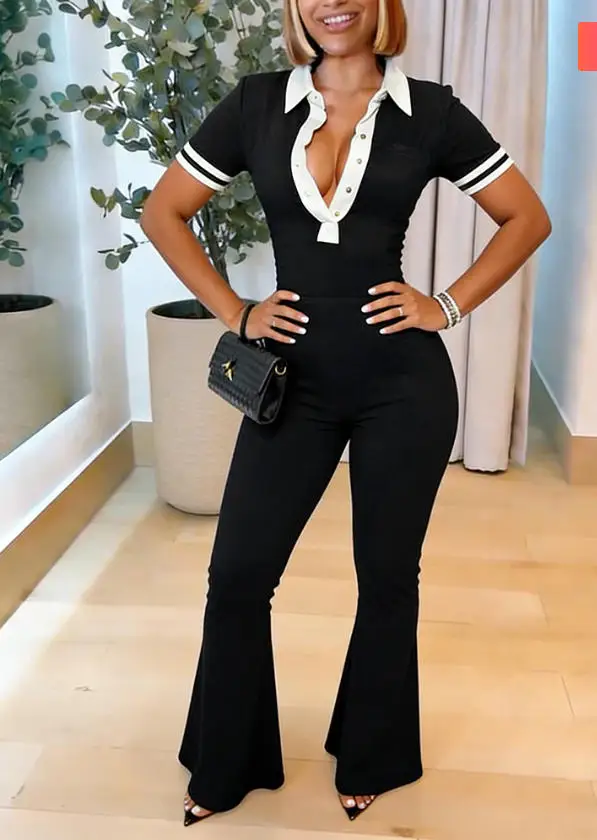 Women's Jumpsuit 2026 New Contrast Polo Neck Jumpsuit Short Sleeve Bodycon Romper Flared Leg Overalls with Snap Button Placket