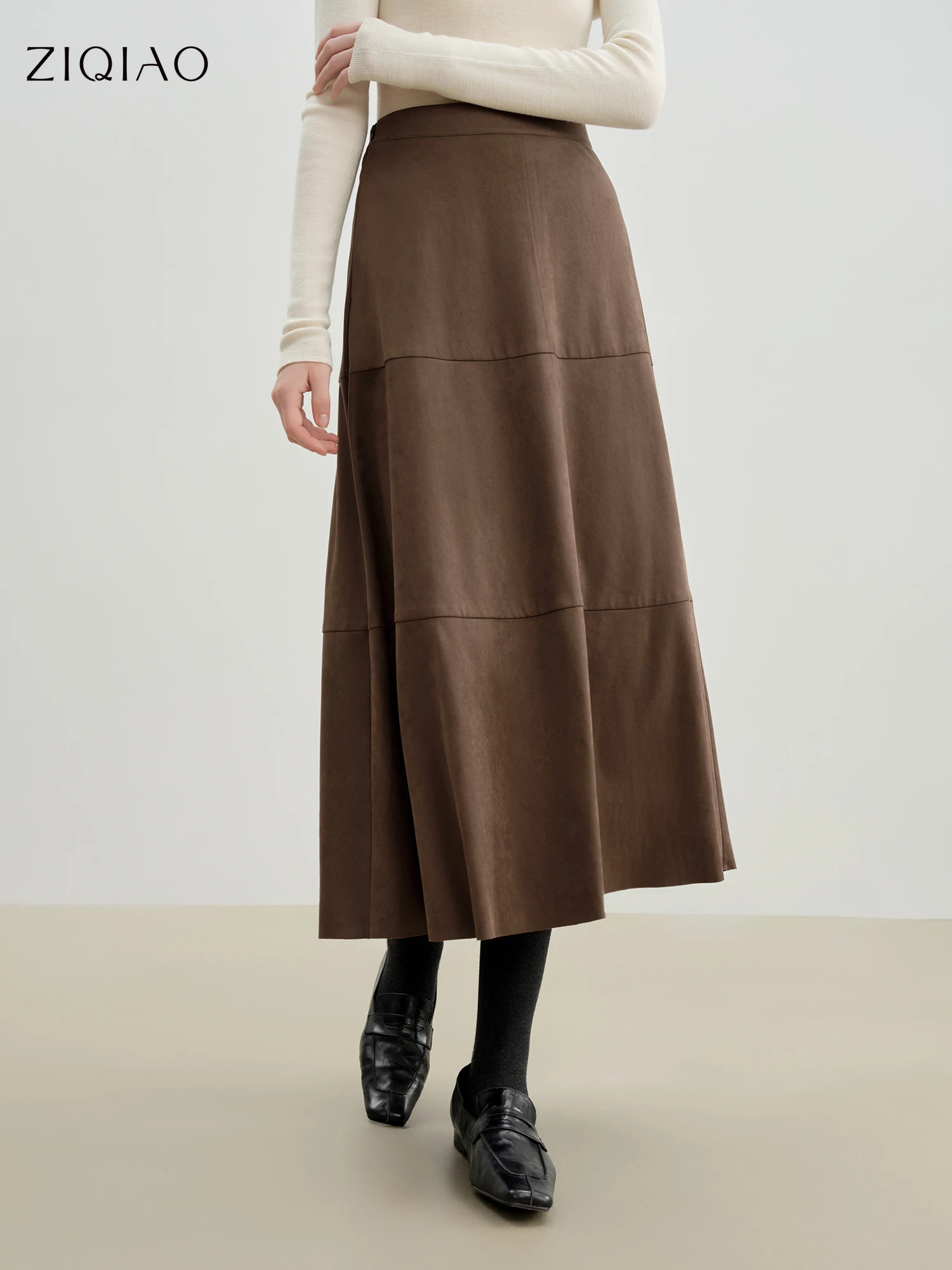 

ZIQIAO Petite Size 2025 Women's Vintage Panelled A-Line Midi Skirt Retro Split Hem Long Skirt Elegant High Waist Autumn Winter