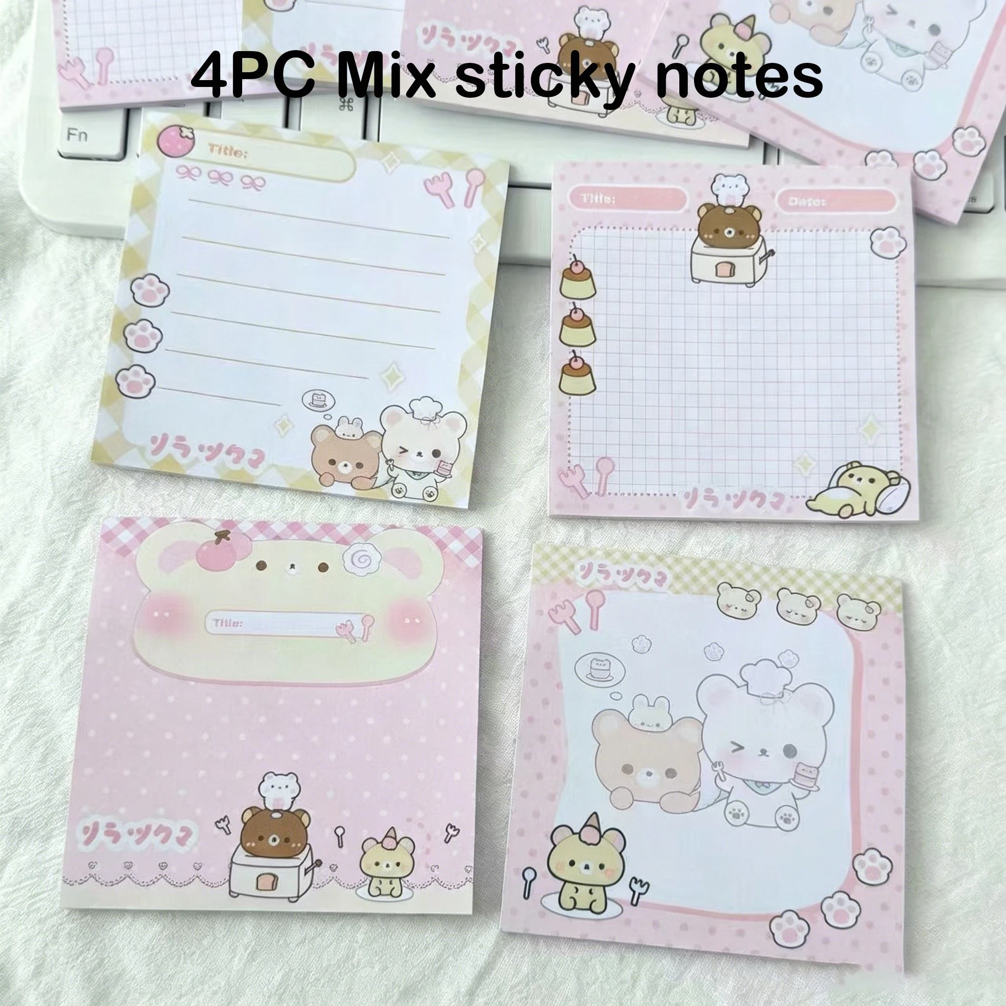 4PC Mix New Original Cartoon Dessert Bear Sticky Notes High-Looking Cute Hand Account Decorative Message Material Post-it Notes