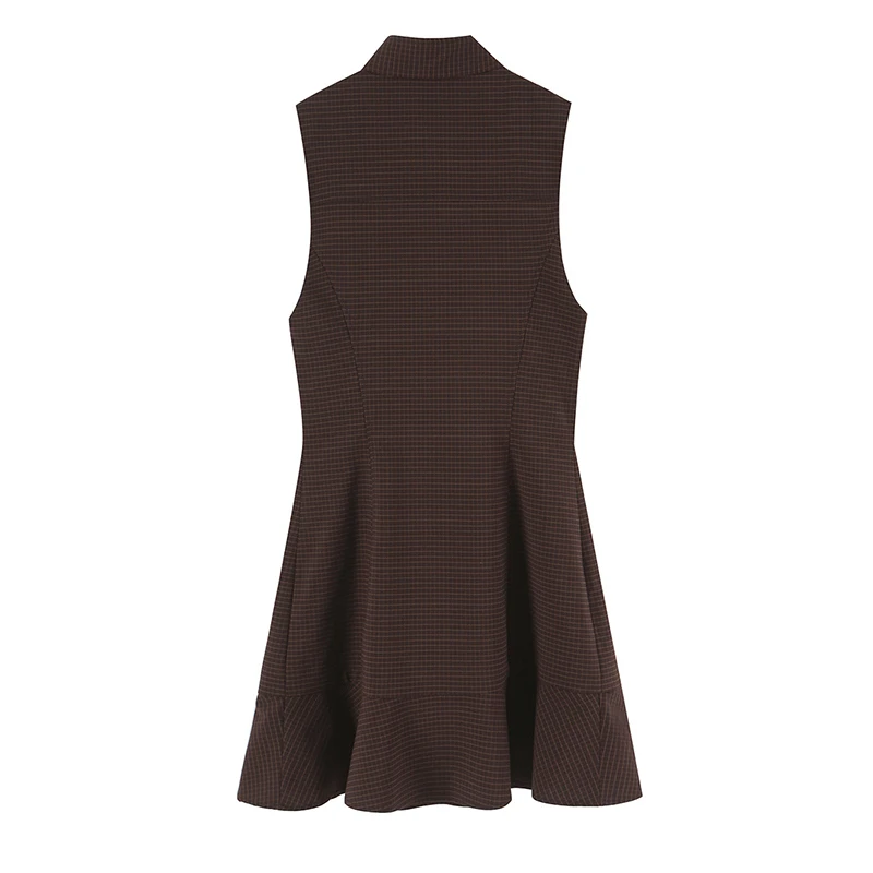 YENKYE Plaid Mini Dress Women High Neck Sleeveelss Front Button Ruffle Hem Elegant Vintage Party Dresses Female Vestidos