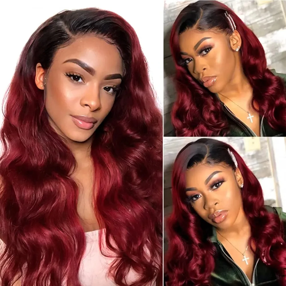 12A Ombre Body Wave Bundles With Closure 1B/99J Brazilian Human Hair Bundles With Closure Two Tone Wine Red Bundles with Closure