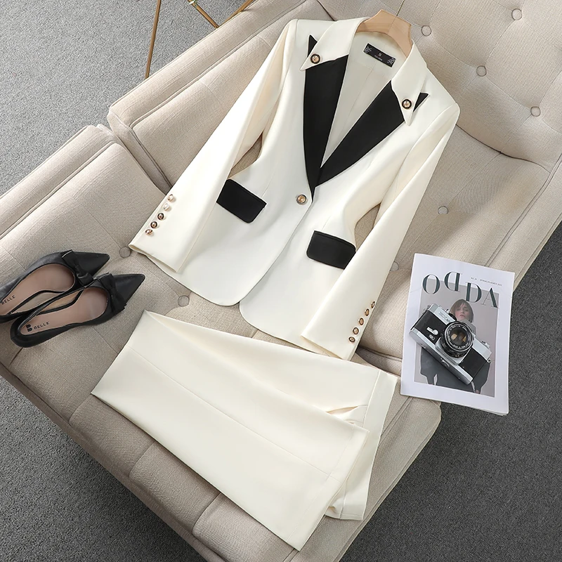 ZJYT Business Chic Women\'s Color Block Blazer Suits Pant Sets 2 Piece Formal Office Lady Outfit Plus Size Jacket Trousers Set