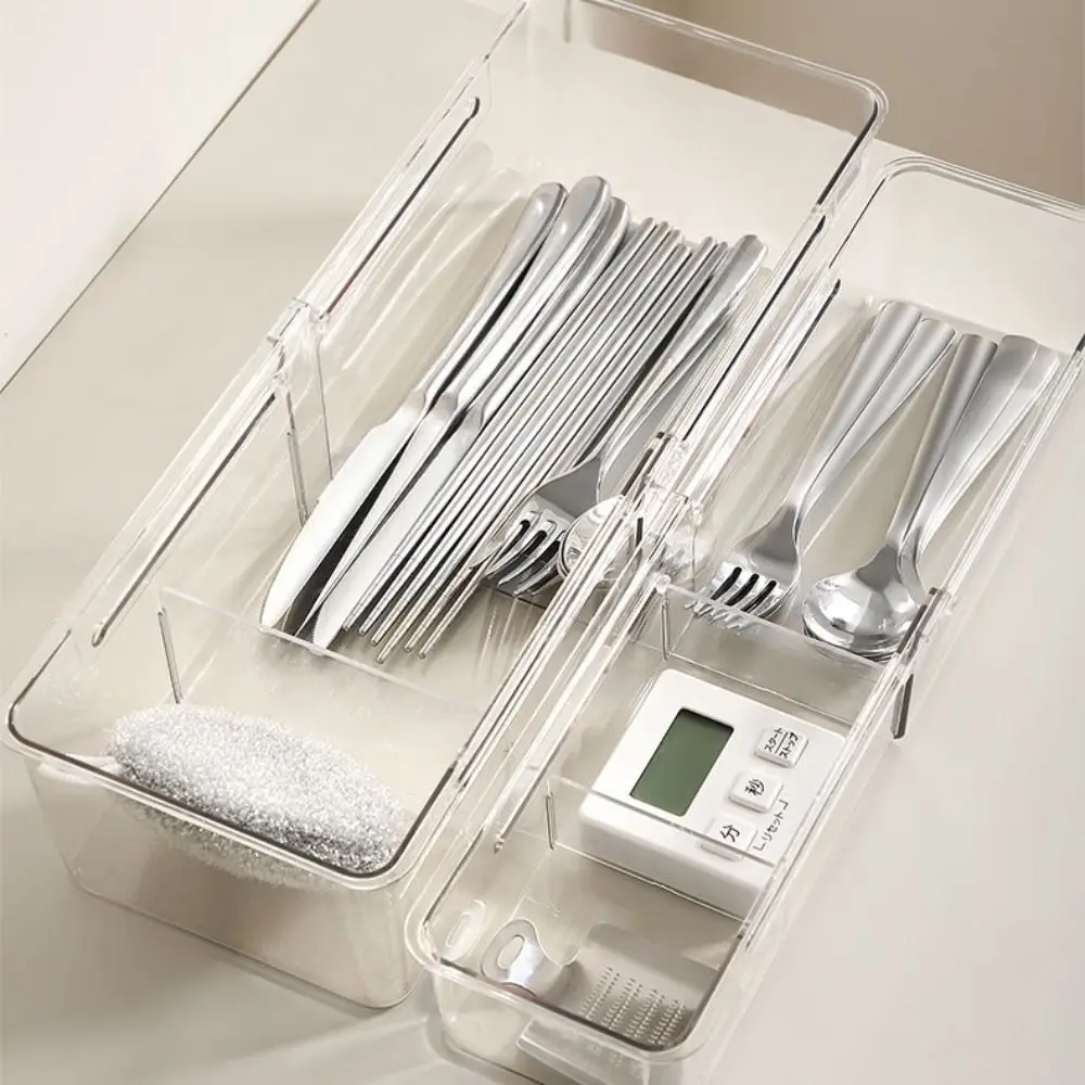 

Convenient Retractable Compartment Storage Box Space Saving Transparent Sorting Box Visible PET Divider Box Tableware
