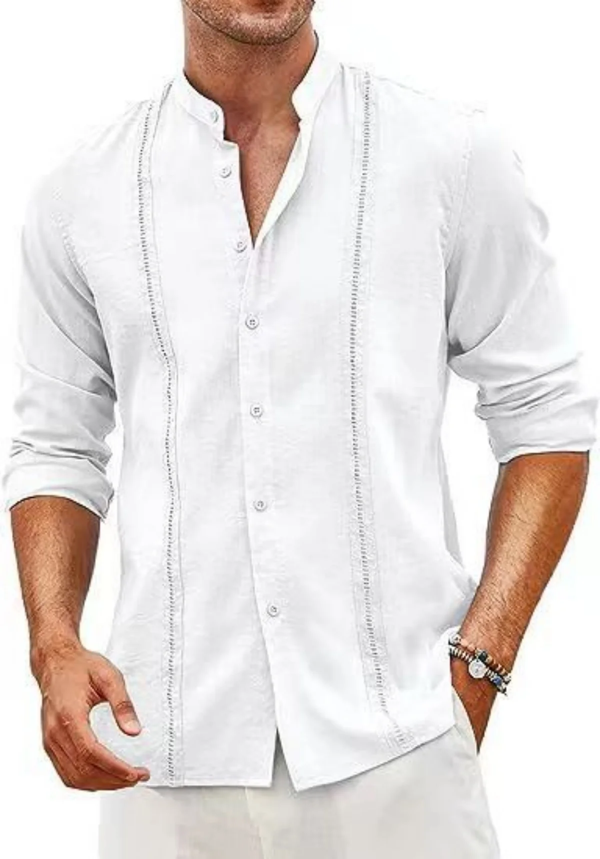 Fall 2024 new men\'s Cuban style casual button Beach Resort cotton linen shirt stand collar