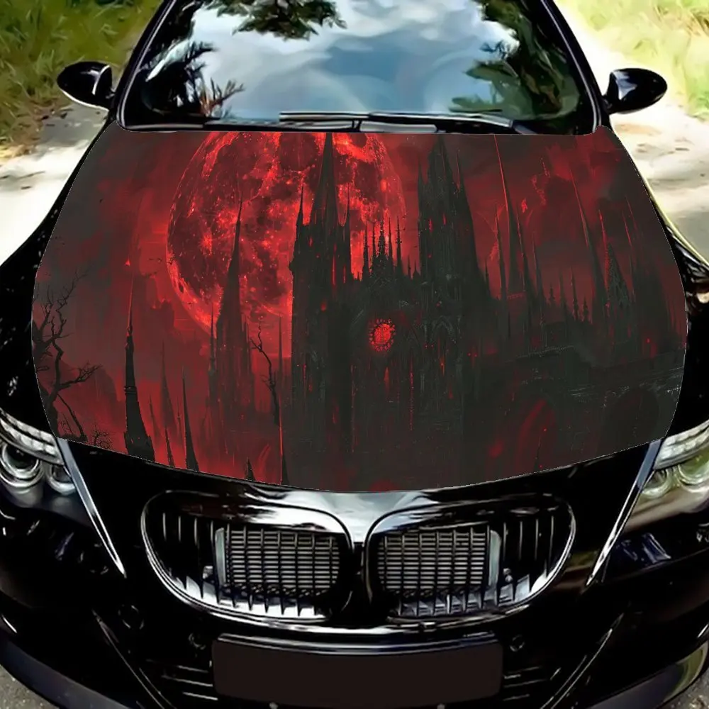 

Виниловая пленка для автомобиля в готическом стиле Dark Fiery Castle Blood Moon, водонепроницаемая наклейка на капот автомобиля из ПВХ, самоклеящаяся устойчивая к царапинам наклейка