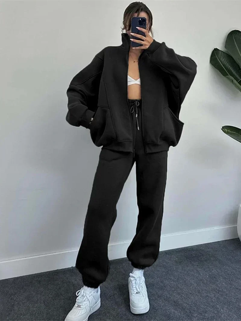 Streetwear 2 Piece Sets Women Outfit Autumn Clothes Women 2024 Solid Jacket Top and Pants Sets Casual Fleece Sweatsuit Woman Set