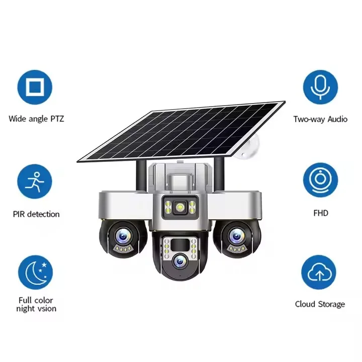 4G WiFi Solar Camera 3 Lens Outdoor Security Cam with 3 Screen PTZ 6MP Night Vision Human Tracking