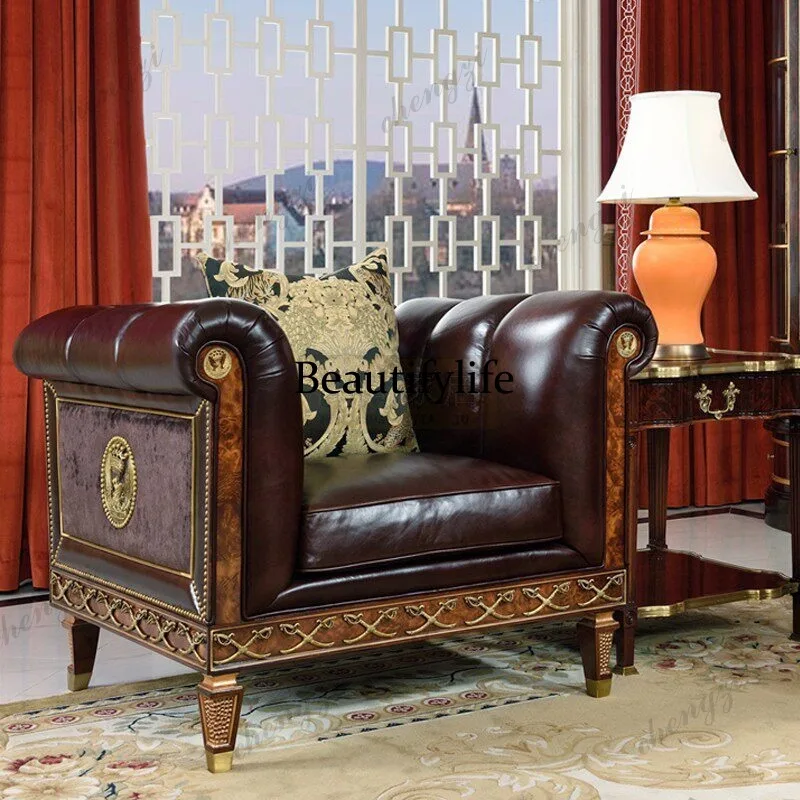 First layer leather sofa carved mahogany furniture inlaid copper sofa