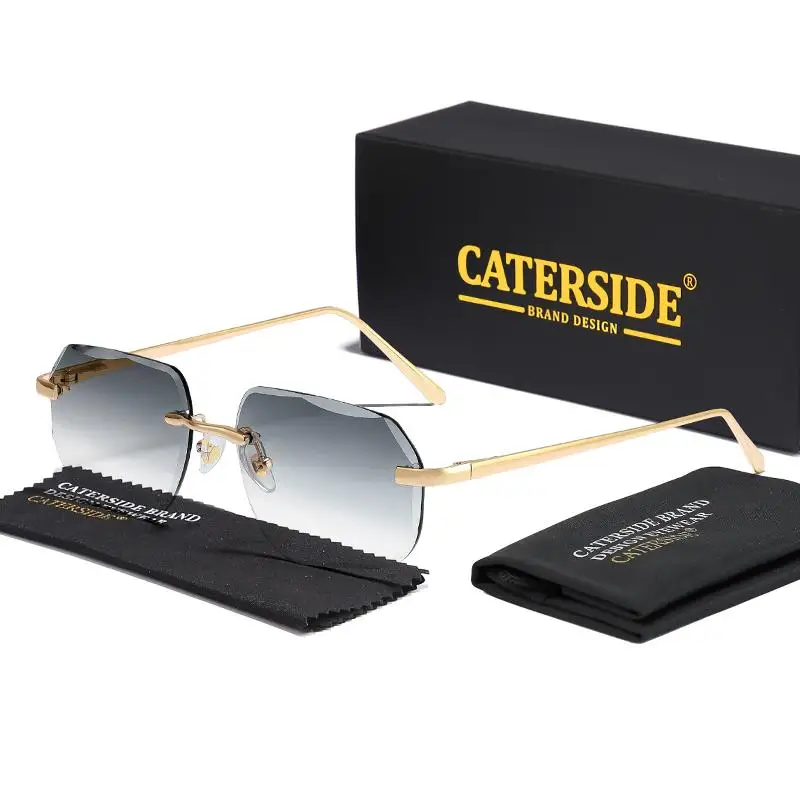 CATERSIDE Vintage Rahmenlose Herren-Sonnenbrille mit Designgläsern und Metallbügeln, Damen-Sonnenbrille für Party und Reisen – Detail 20